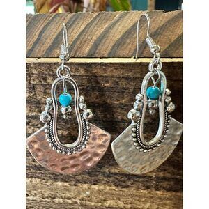 Boho Hippie Western Cowgirl Turquoise Stone Fan Silver Drop Wire Earrings, Gift